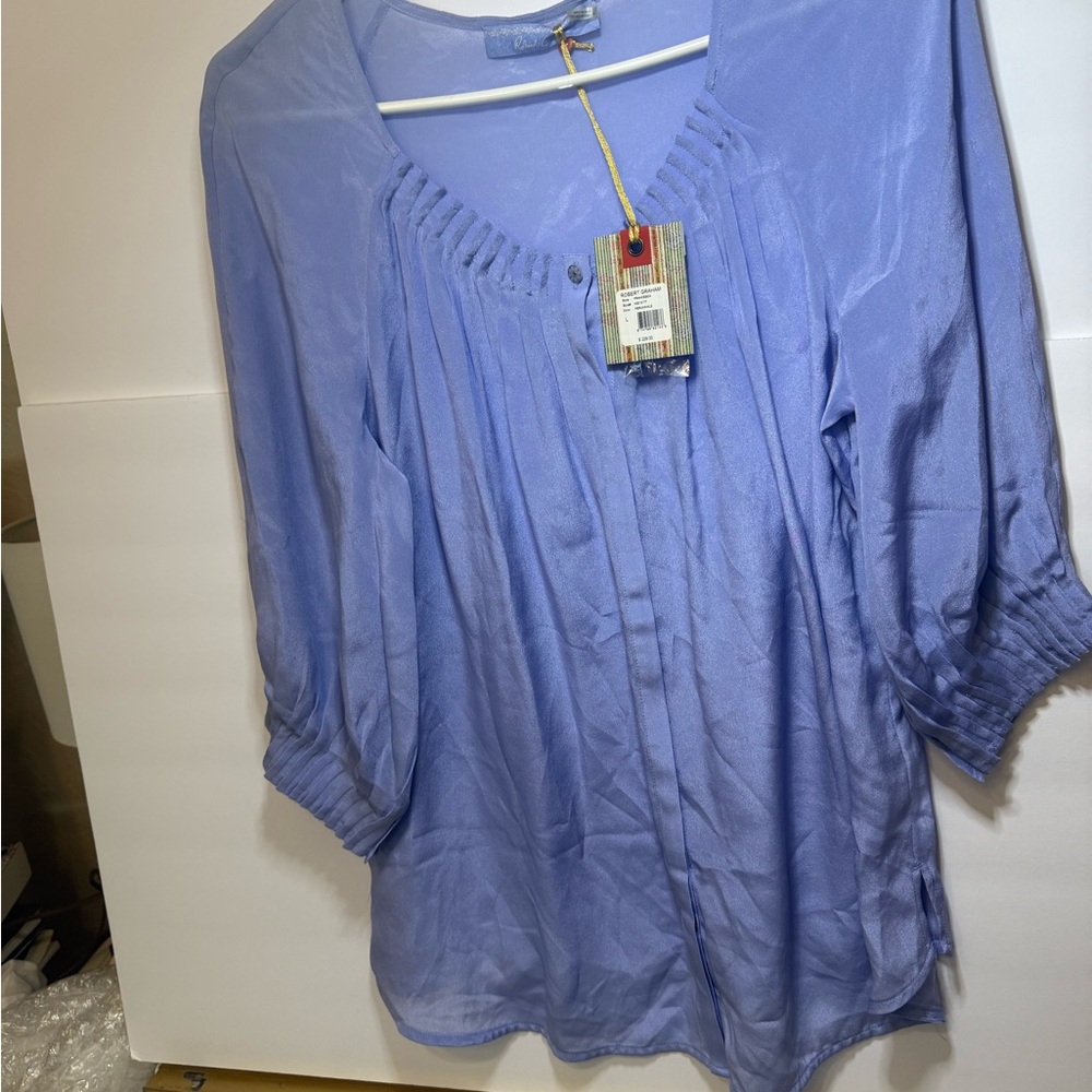 Womens Sweet Romantic Periwinkle Silk Scoop Pintuck Neck Blouse New